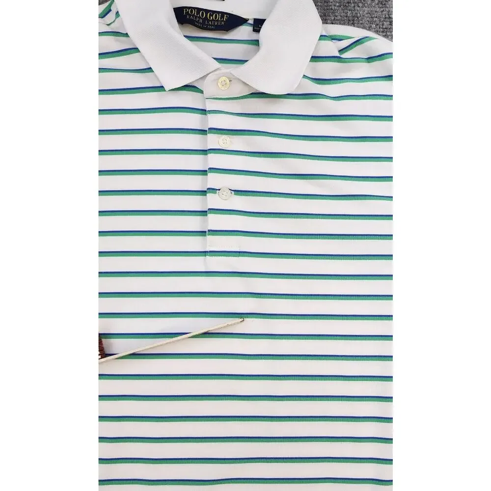 Ralph Lauren Polo Golf Shirt Mens Large White Green Striped Performance Golf
